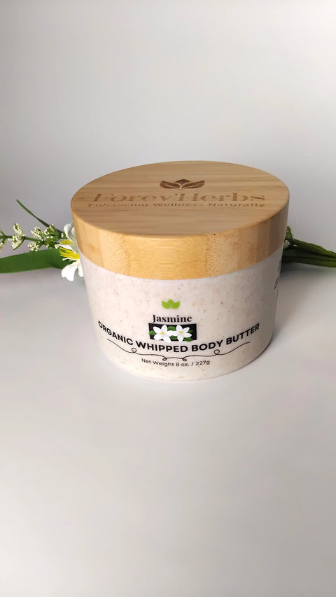 Forev'Herbs Jasmine Organic Whipped Body Butter is a jar of body butter infused with jasmine essential oil.