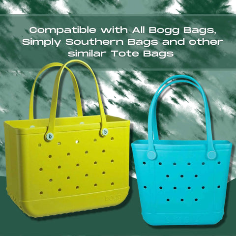 Two rubber tote bags, one yellow and one blue, with handles and holes, are shown on a green and white background. Text above reads: Compatible with accessories like BOGLETS Jersey Sports Uniform T-Shirt Number by Chatelet Manufacturing.