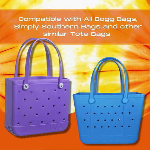 Two BOGLETS - Jersey Sports Uniform T-Shirt Numbers by Chatelet Manufacturing, shown on an orange and yellow tie-dye backdrop. Compatible with All Bogg Bags, Simply Southern Bags, and other tote bag accessories.