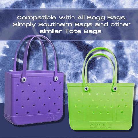 Two BOGLETS Jersey Sports Uniform T-Shirt Numbers by Chatelet Manufacturing, one purple and one green, are displayed side by side on a blue tie-dye background. Text above: “Compatible with All Bogg Bags, Simply Southern Bags and similar accessories.”.