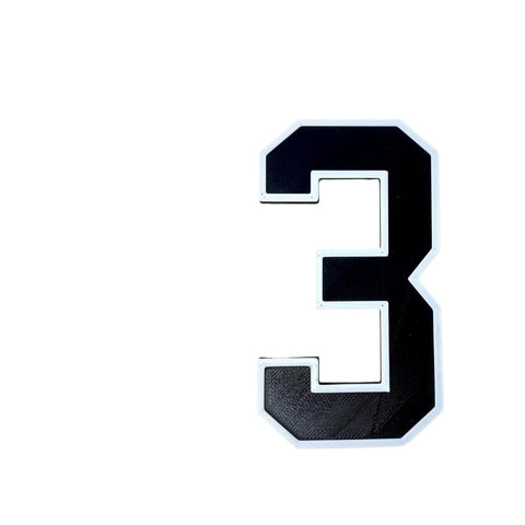 The BOGLETS - Jersey Sports Uniform T-Shirt Number by Chatelet Manufacturing features a large black number 3 with a white border, centered on a plain white background—ideal for tote bag accessories or personalized bag charms.