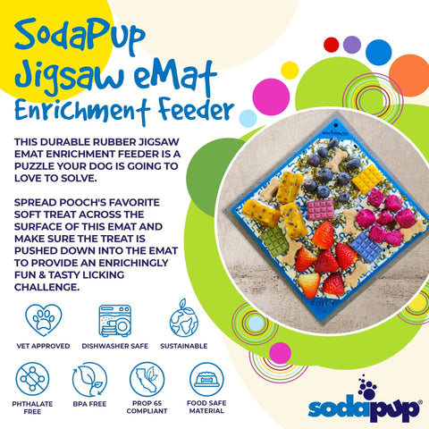The SodaPup Jigsaw Design EMat Enrichment Lick Mat, made from food-safe, sustainable rubber, is shown in blue with fruit and treats. It’s dishwasher safe, vet-approved, and designed for dog enrichment.