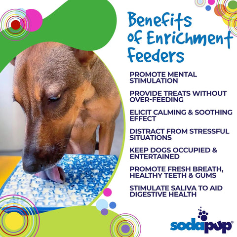 A brown dog licks a blue SodaPup Jigsaw Design EMat Enrichment Lick Mat, which provides mental stimulation, helps prevent overfeeding, calms pets, relieves stress, entertains, supports dental health, and aids digestion.