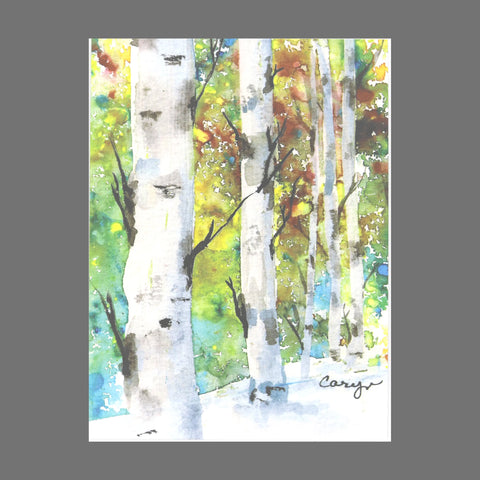 JuLu Cards Pack of 4 - Birch Trees With Colorful Background (20057) features watercolor birch trees with white bark and a vibrant green, yellow, and blue background, snowy ground, and sunlight. Includes matching envelopes.