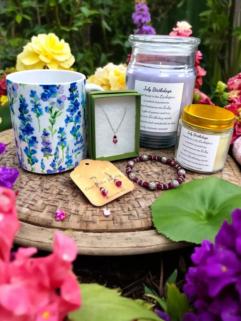 July Birthday Gift Set – Ruby Crystal Jewelry, Scented Candles & Larkspur Mug | Made in USA Michelle Marie Boutique  Gift giving
