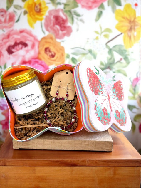 July Birthday Gift Set – Ruby Crystal Jewelry, Scented Candles & Larkspur Mug | Made in USA Michelle Marie Boutique  Gift giving