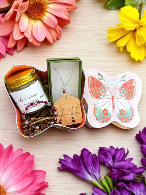 July Birthday Gift Set – Ruby Crystal Jewelry, Scented Candles & Larkspur Mug | Made in USA Michelle Marie Boutique  Gift giving