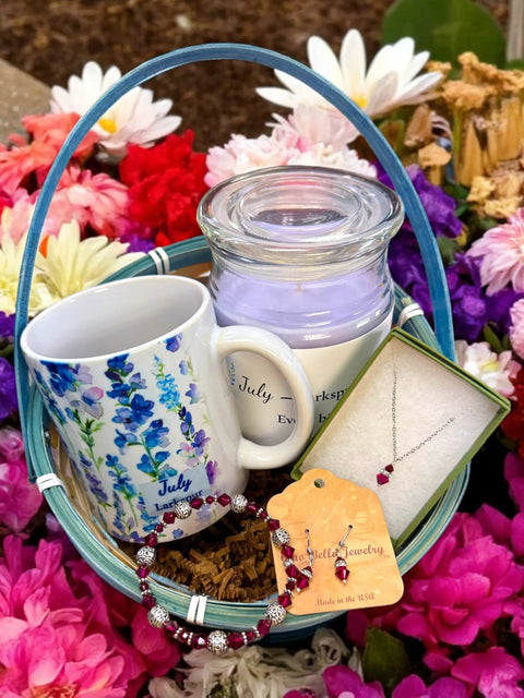 July Birthday Gift Set – Ruby Crystal Jewelry, Scented Candles & Larkspur Mug | Made in USA Michelle Marie Boutique  Gift giving