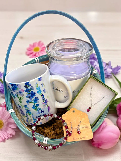 July Birthday Gift Set – Ruby Crystal Jewelry, Scented Candles & Larkspur Mug | Made in USA Michelle Marie Boutique  Gift giving