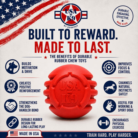 USA-K9 Durable Rubber Chew Ball – Tough Dog Toy for Power Chewers | Made in USA SodaPup  Rubber Dog Toys