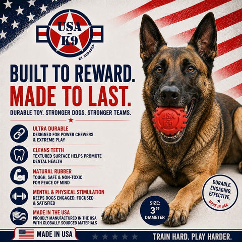 USA-K9 Durable Rubber Chew Ball – Tough Dog Toy for Power Chewers | Made in USA SodaPup  Rubber Dog Toys