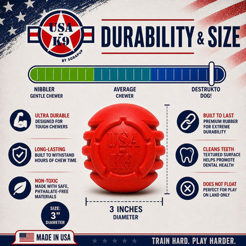 USA-K9 Durable Rubber Chew Ball – Tough Dog Toy for Power Chewers | Made in USA SodaPup  Rubber Dog Toys