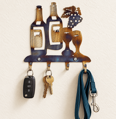 Handcrafted Wine Bottle and Glasses Metal Key Holder – Rustic Kitchen Wall Decor | Made in USA Knights Home Decor  item