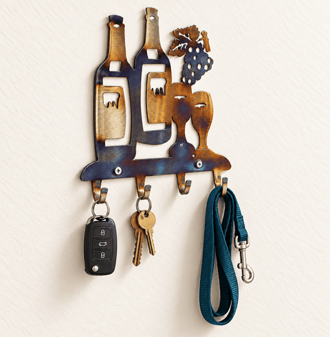 Handcrafted Wine Bottle and Glasses Metal Key Holder – Rustic Kitchen Wall Decor | Made in USA Knights Home Decor  item