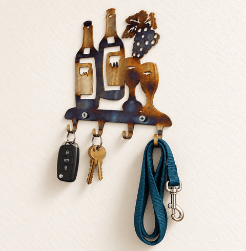 Handcrafted Wine Bottle and Glasses Metal Key Holder – Rustic Kitchen Wall Decor | Made in USA Knights Home Decor  item