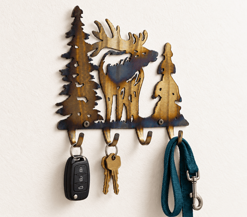Rustic Elk Silhouette Metal Key Holder – Wall Mounted Entryway Organizer | Made in USA Knights Home Decor  item