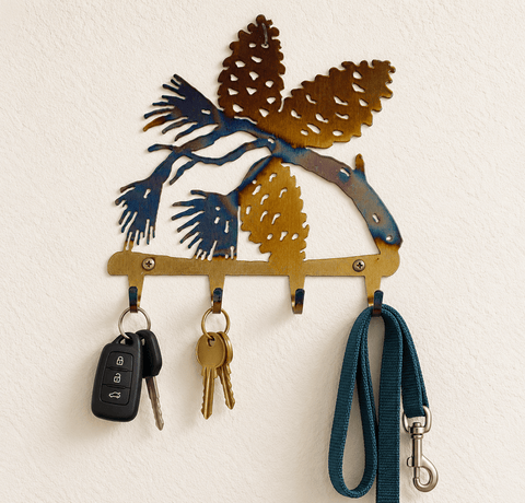 Rustic Pine Cone Wall Key Holder – Handmade Metal Hook Rack | Functional Decor Made in USA Knights Home Decor  item