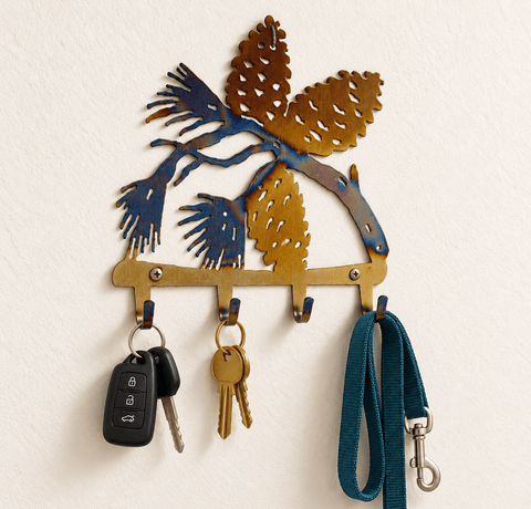 Rustic Pine Cone Wall Key Holder – Handmade Metal Hook Rack | Functional Decor Made in USA Knights Home Decor  item