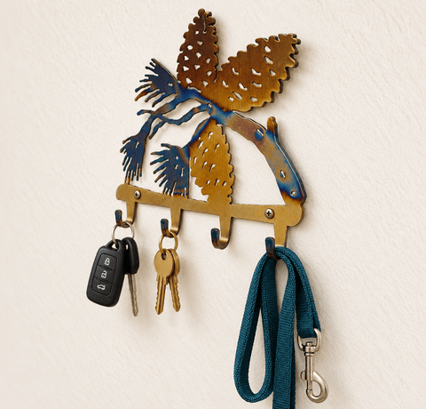 Rustic Pine Cone Wall Key Holder – Handmade Metal Hook Rack | Functional Decor Made in USA Knights Home Decor  item