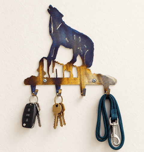 Rustic Wolf Howling Metal Key Rack – Handcrafted Wall Hook Organizer | Made in USA Knights Home Decor  item
