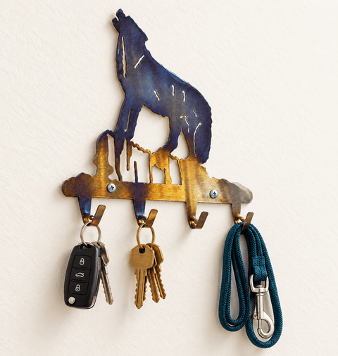 Rustic Wolf Howling Metal Key Rack – Handcrafted Wall Hook Organizer | Made in USA Knights Home Decor  item