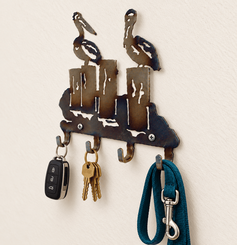 Rustic Coastal Pelican Key Rack – Handcrafted Metal Wall Hook Organizer | Made in USA Knights Home Decor  item