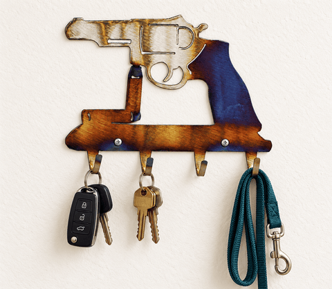 Revolver-Shaped Metal Key Holder – Rustic Wall Storage Rack for Keys and Small Items | Handmade in USA Knights Home Decor  item