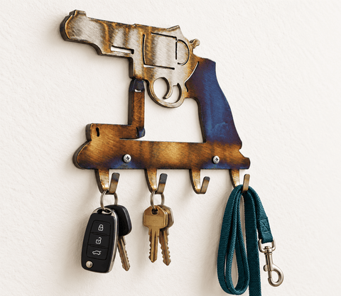 Revolver-Shaped Metal Key Holder – Rustic Wall Storage Rack for Keys and Small Items | Handmade in USA Knights Home Decor  item
