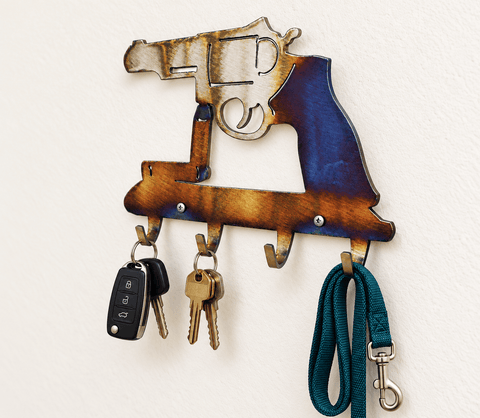 Revolver-Shaped Metal Key Holder – Rustic Wall Storage Rack for Keys and Small Items | Handmade in USA Knights Home Decor  item