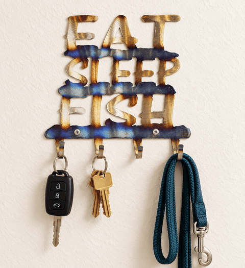 Rustic Eat Sleep Fish Key Holder – Handcrafted Metal Wall Rack for Anglers | Made in USA Knights Home Decor  item