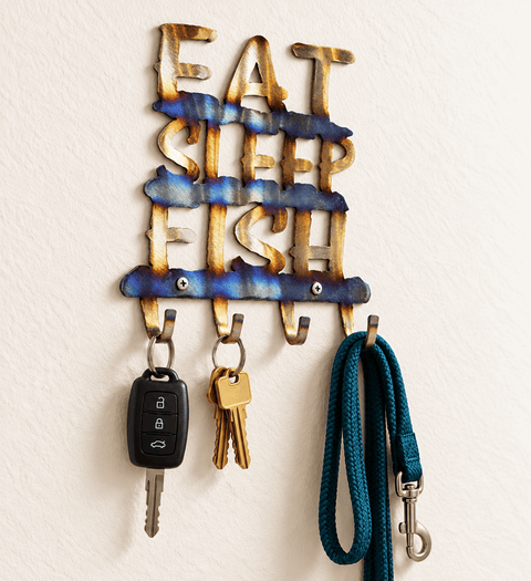 Rustic Eat Sleep Fish Key Holder – Handcrafted Metal Wall Rack for Anglers | Made in USA Knights Home Decor  item