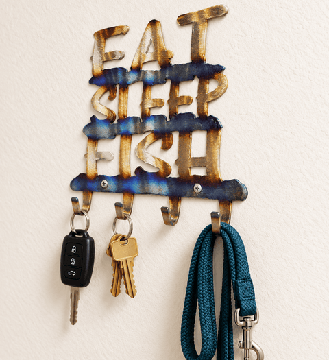 Rustic Eat Sleep Fish Key Holder – Handcrafted Metal Wall Rack for Anglers | Made in USA Knights Home Decor  item
