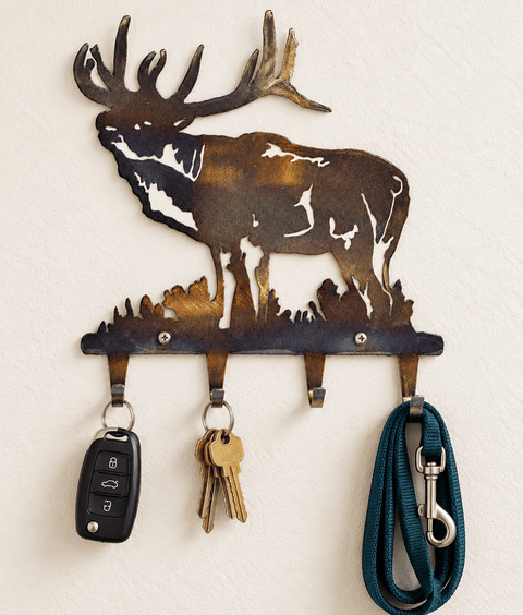 Rustic Elk Silhouette Key Rack – Wall Mounted Entryway Organizer | Handcrafted in USA, Veteran-Owned Knights Home Decor  item