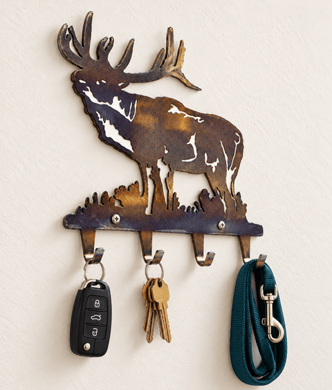Rustic Elk Silhouette Key Rack – Wall Mounted Entryway Organizer | Handcrafted in USA, Veteran-Owned Knights Home Decor  item