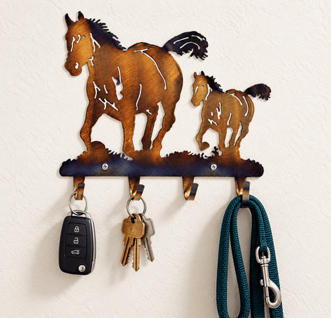 Rustic Horse and Colt Metal Key Rack – Wall Mounted Organizer for Entryway | Handmade in USA Knights Home Decor  item