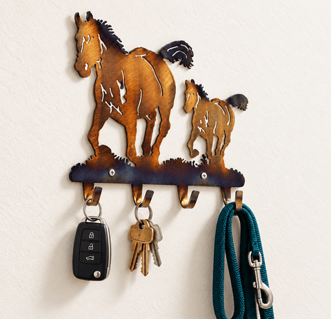 Rustic Horse and Colt Metal Key Rack – Wall Mounted Organizer for Entryway | Handmade in USA Knights Home Decor  item