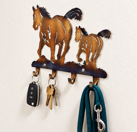 Rustic Horse and Colt Metal Key Rack – Wall Mounted Organizer for Entryway | Handmade in USA Knights Home Decor  item