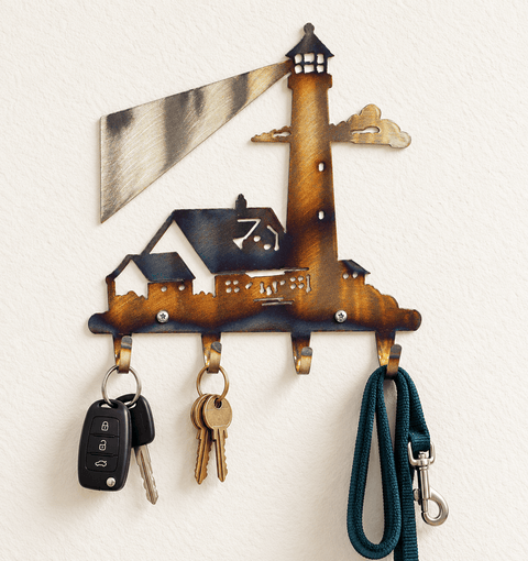 Coastal Lighthouse Wall Key Rack – Metal Hook Organizer with Light Beam Design | Made in USA Knights Home Decor  item