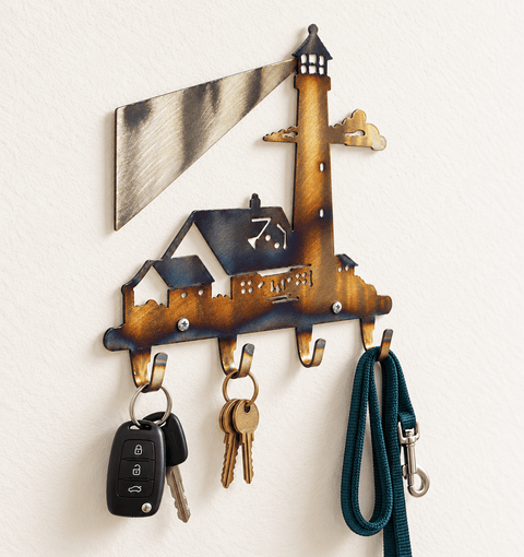 Coastal Lighthouse Wall Key Rack – Metal Hook Organizer with Light Beam Design | Made in USA Knights Home Decor  item