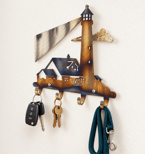 Coastal Lighthouse Wall Key Rack – Metal Hook Organizer with Light Beam Design | Made in USA Knights Home Decor  item