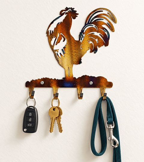 Rustic Rooster Metal Key Holder – Wall Mounted Key Rack for Entryway | Handmade in USA Knights Home Decor  item
