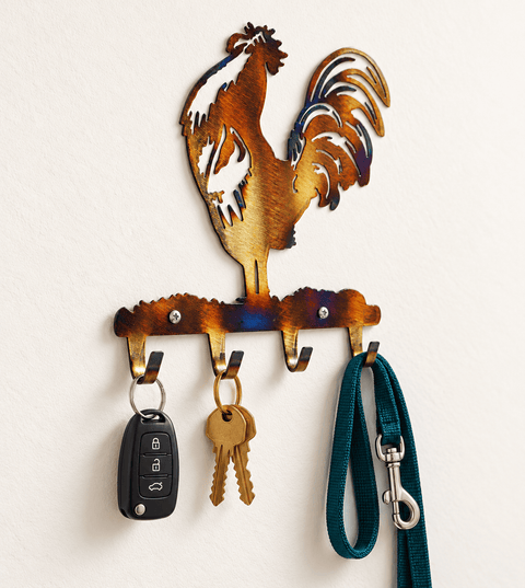 Rustic Rooster Metal Key Holder – Wall Mounted Key Rack for Entryway | Handmade in USA Knights Home Decor  item