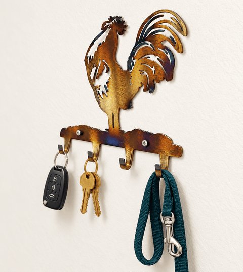 Rustic Rooster Metal Key Holder – Wall Mounted Key Rack for Entryway | Handmade in USA Knights Home Decor  item