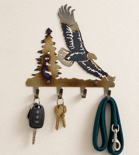 Rustic Eagle Flying Metal Key Rack – Handcrafted Wall Organizer with Tree Design | Made in USA Knights Home Decor  item