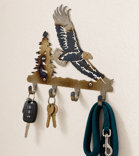 Rustic Eagle Flying Metal Key Rack – Handcrafted Wall Organizer with Tree Design | Made in USA Knights Home Decor  item