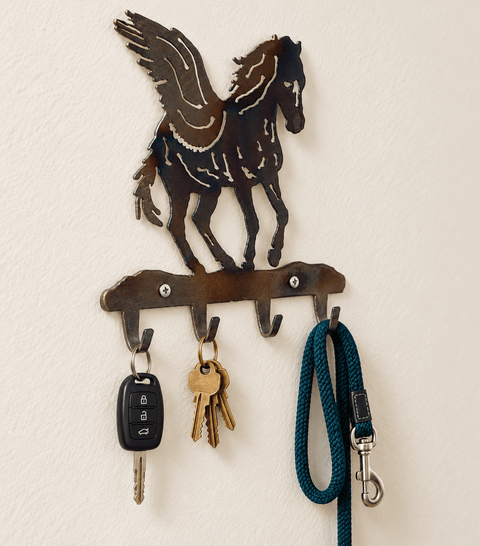Rustic Pegasus Wall Mounted Key Holder – Handcrafted Metal Art Organizers | Made in USA Knights Home Decor  item
