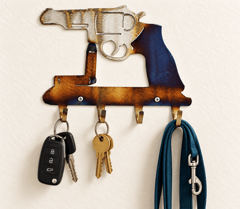 Rustic Revolver Metal Key Holder Rack – 4 Hooks for Wall Storage | Made in USA Handcrafted Decor Knights Home Decor  item