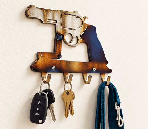 Rustic Revolver Metal Key Holder Rack – 4 Hooks for Wall Storage | Made in USA Handcrafted Decor Knights Home Decor  item