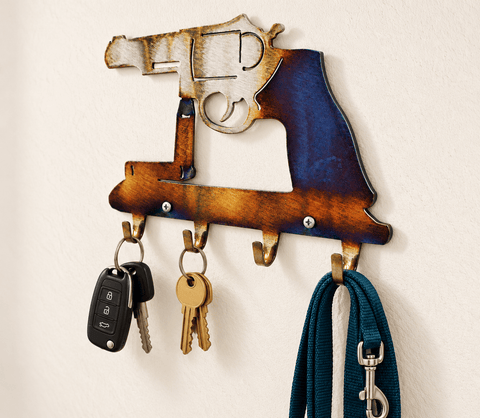 Rustic Revolver Metal Key Holder Rack – 4 Hooks for Wall Storage | Made in USA Handcrafted Decor Knights Home Decor  item