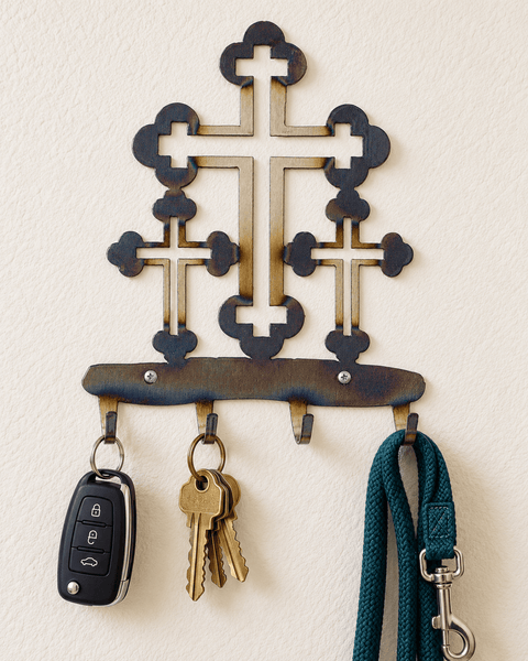 Handcrafted Cross Key Rack – Unique Heat-Treated Wood Hook Organizer | Made in USA Wall Decor Knights Home Decor  item